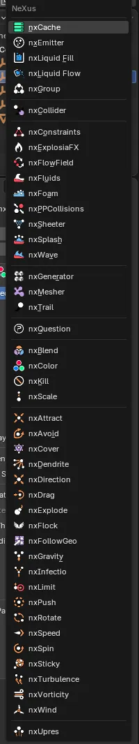 The INSYDIUM NeXus Add menu in Blender, listing every modifier grouped into categories