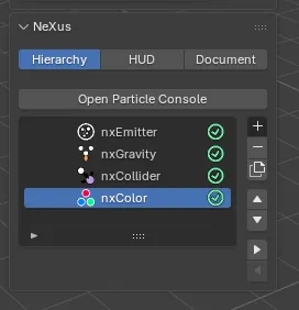 The NeXus tab in the Blender viewport sidebar, showing the simulation as one ordered list